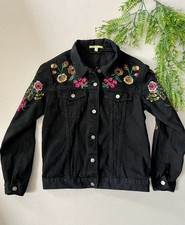 Ladies Black Vintage Festival Y2K Embroidered Denim Jacket Size M