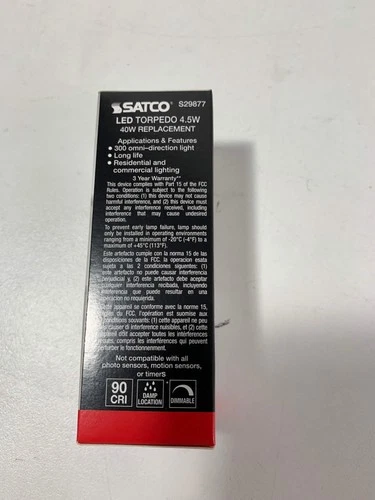 Satco 4.5w B10 Candle LED Filament E12 Candelabra Base 350lm 2700k Dimmable Bulb - Picture 3 of 3