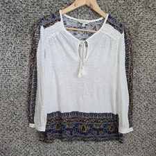 Lucky Brand Top Womens XS White Polka Dot Tassel Oversized Casual Floral Ladies
