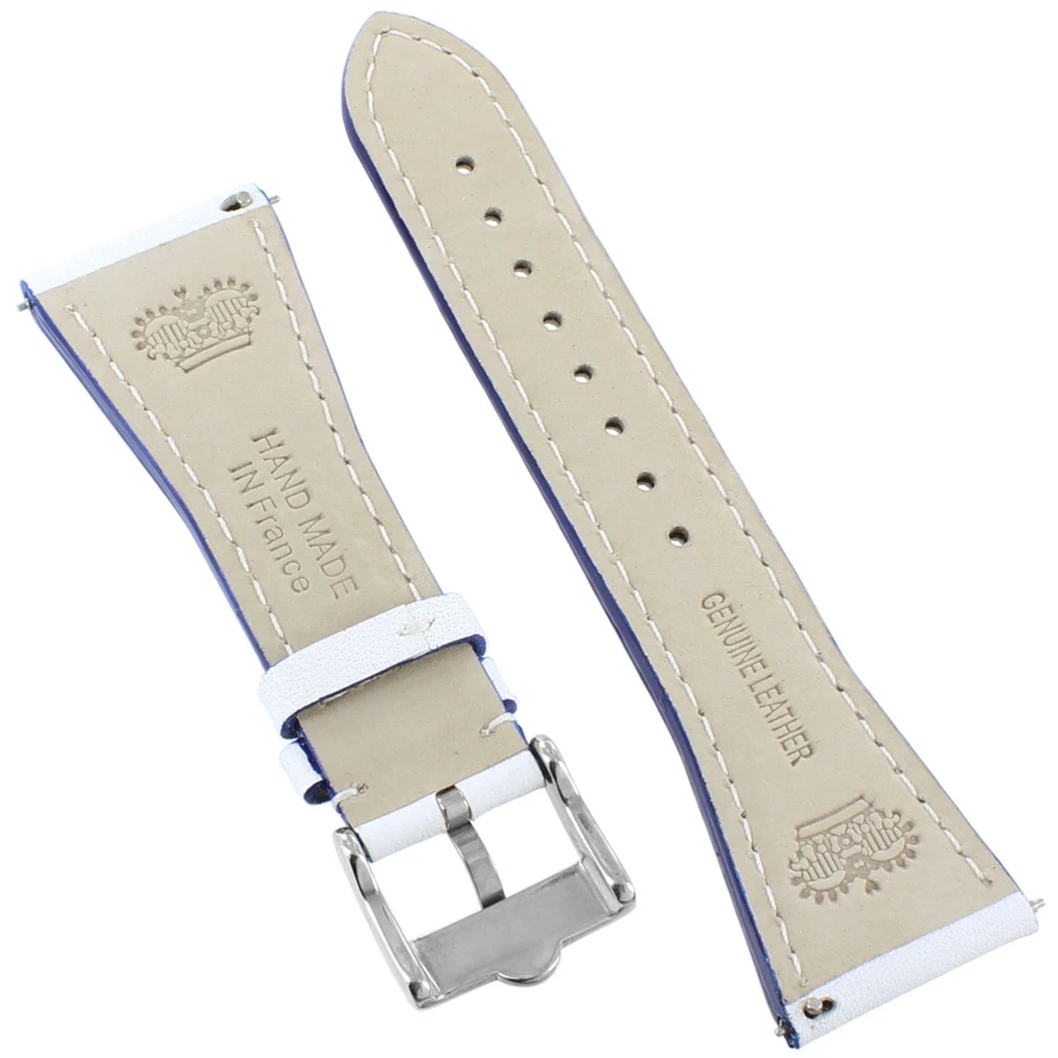 Correa de reloj de cuero genuino hecha a mano 26 mm Glam Rock blanca con detalles azules pasadores EZ Foto 4 de 4