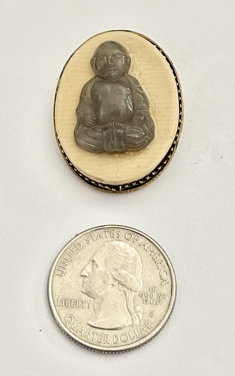 Antique Art Deco Brown Jade Buddha Set on Oval Cream Stone Brooch