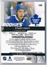 2014-15 SP GAME USED ROOKIES AUTOGRAPHS BLUE STUART PERCY AUTO TORONTO MAPLE