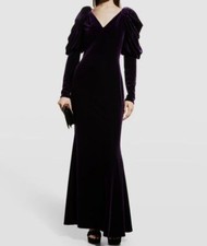 $795 Badgley Mischka Women's Purple Draped-Sleeve V-Neck Velvet Gown Dress Sz 4