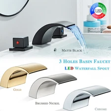 8" Widespread LED Bathroom Sink Basin Faucet 3 Holes Waterfall Vanity Mixer Taps