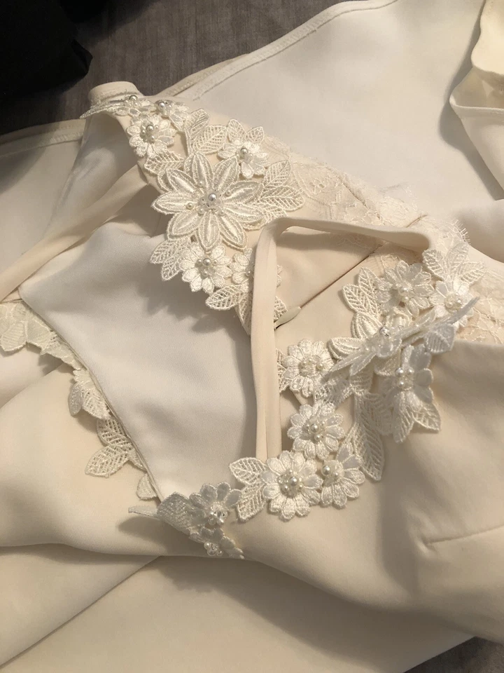 Lace & Chiffon Wedding Gown, White & Ivory A-line Dress Handmade Custom Size 0-2 - Image 4 of 4