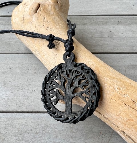 Kette Anhänger Lebensbaum Holz rund oval schwarz braun Baumwolle Boho Ethno Surf - Bild 3 von 14