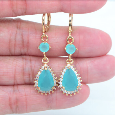 18K Yellow Gold Filled Women Lake Blue Topaz Water Drop Dangle Earrings