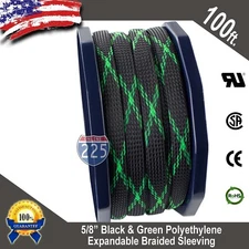 100 FT. 5/8" Black Green Expandable Wire Sleeving Sheathing Braided Loom Tubing