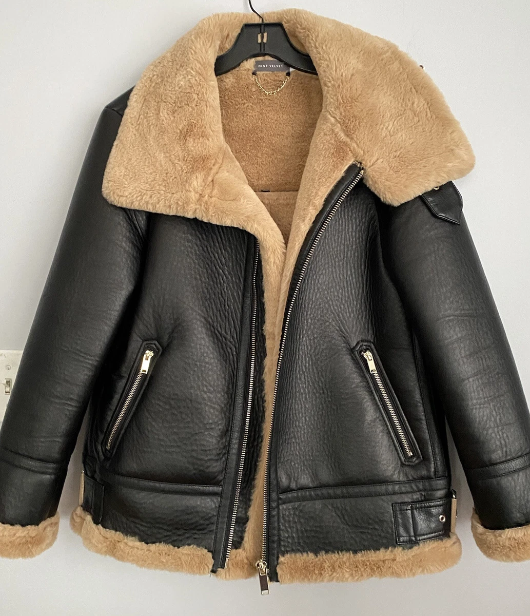 Mint Velvet Aviator Jacket Faux Fur Leather Black Women's Size 12