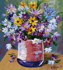 Flowers Blooming Wildflower Painting Original Floral Oil Impressionist Art 7x8 "