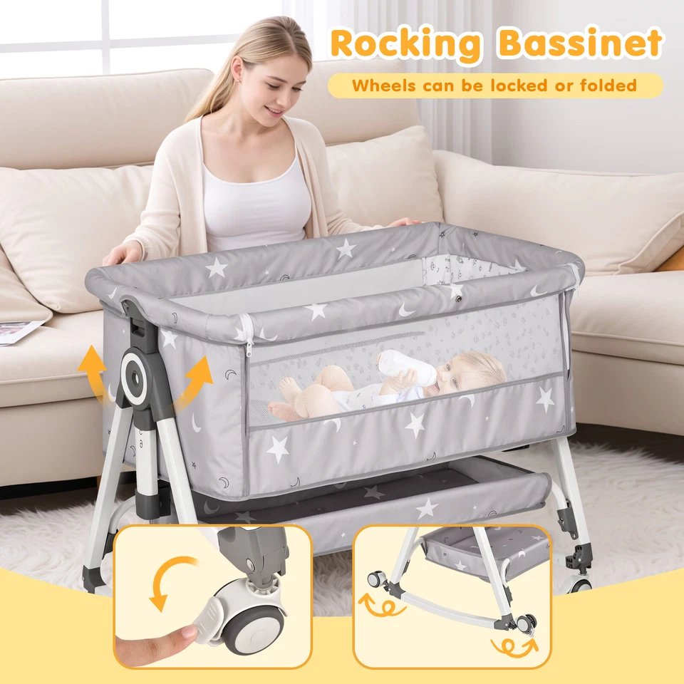 3-in-1 Baby Bassinet Adjustable Bedside Crib w/ Net & Storage Basket Grey - image 4 of 4