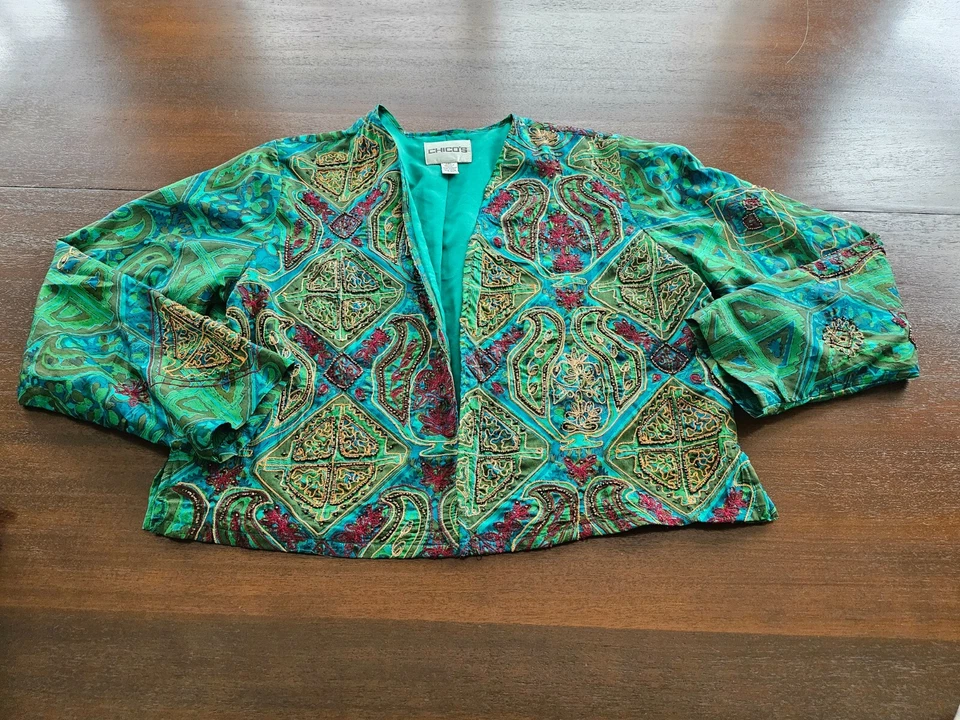 Chaqueta Bolero Chico’s Mujer Talla 2 (12) Verde Bordada 100% Seda Manga Larga Foto 4 de 4