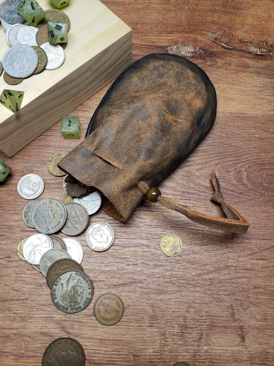 Leather Drawstring Dice Coin Pouch Bag Vintage Antiqued Pirate Aged Rounded D D
