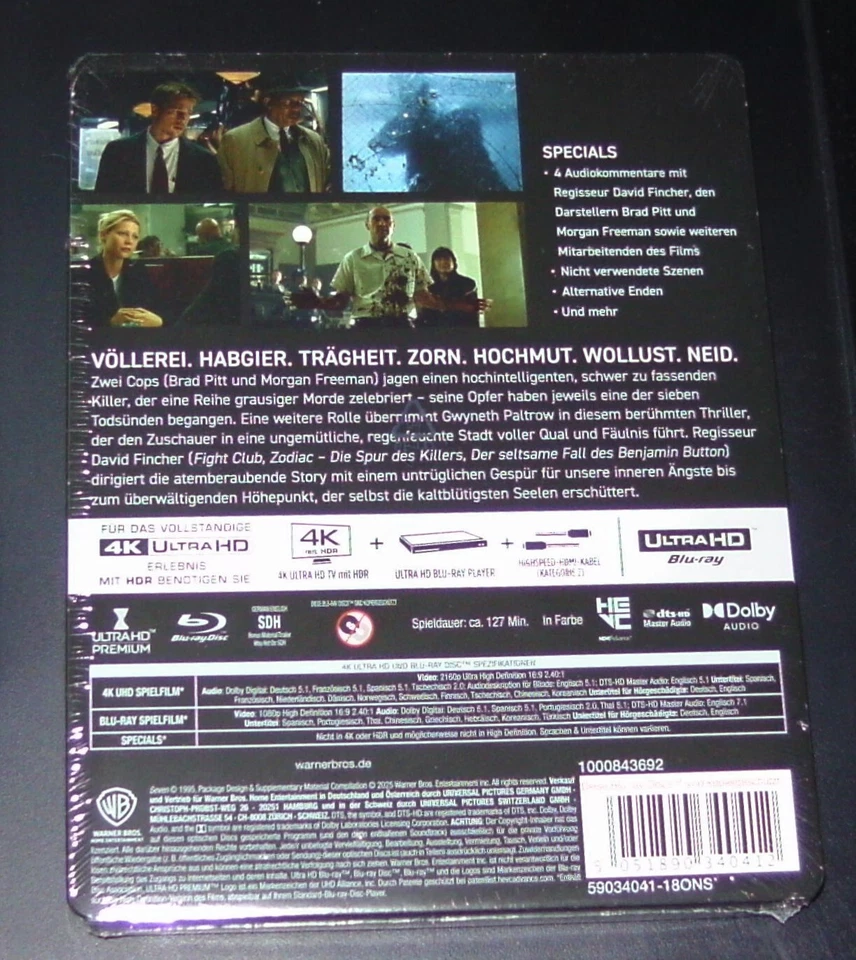 SIEBEN / SE7EN UNCUT LIMITIERTE STEELBOOK EDITION 4K BLU RAY + BLU RAY NEU &OVP - Bild 2 von 4