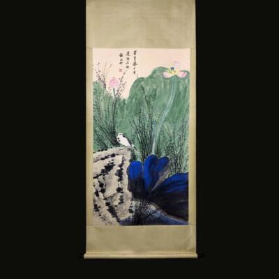 书法04 Xie Zhiliu Signed Chinese Hand Painted Calligraphy Scroll w/bird