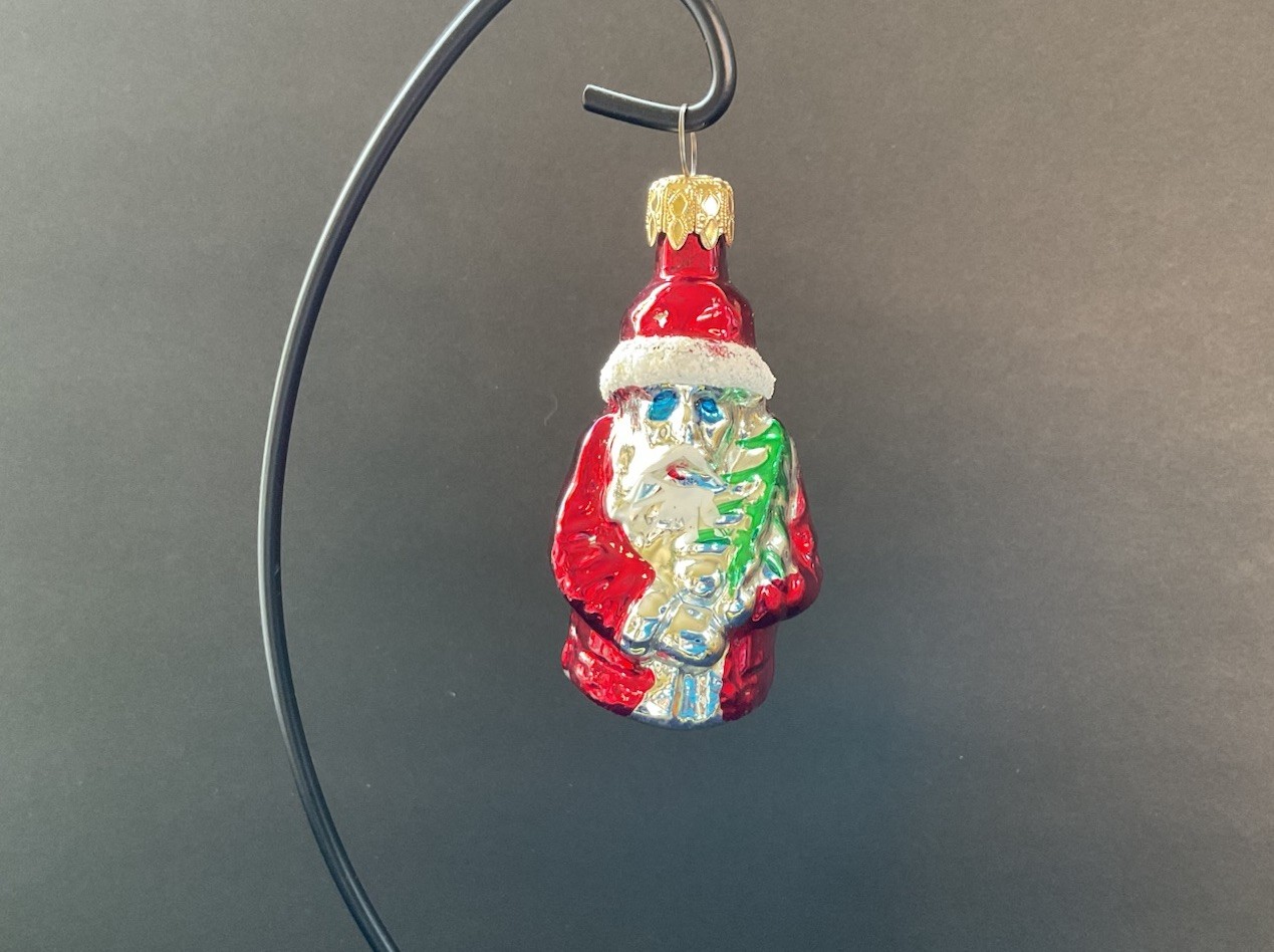 Santa Claus Hand Blown Glass Holding Tree 3-1/2” Ornament Big Blue Eyes