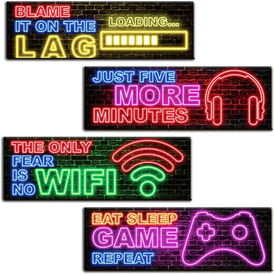 4 Pcs Neon Gaming Decor Wooden Video Game Wall Art Print 11.8 X 3.2 Inch Neon Vi