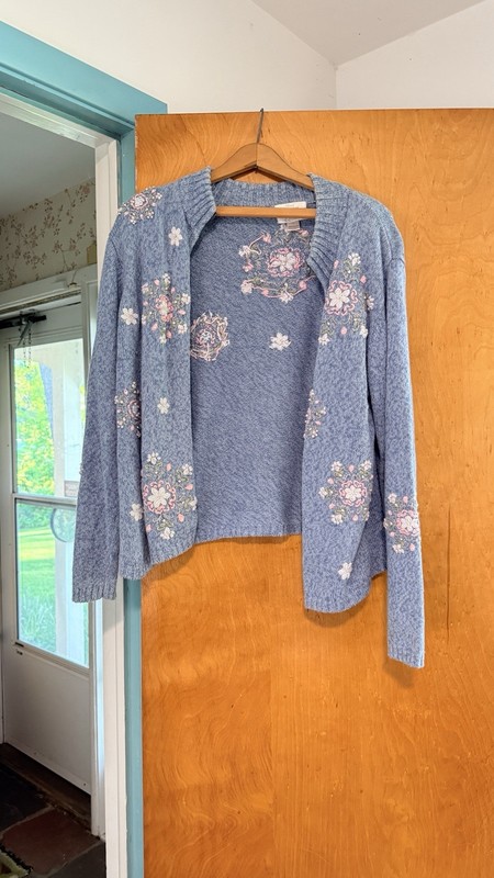 Christopher & Banks Large Blue Embroidered Floral Zip Front Cardigan Sweater