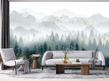 Foggy Pine Tree Forest Wallpaper and Gold Mural for Bedroom (Not Peel and Stick)