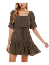 CITY STUDIO Womens Tie Waist Hem Elbow Sleeve Short Fit + Flare Dress