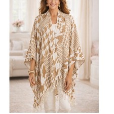 Soft Surroundings Kimono Wrap One Size Brown Cream Fringe One Size Poncho Boho