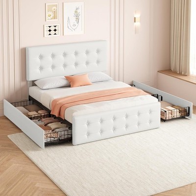 Full Size Bed Frame with Adjustable Headboard and 4 Storage Drawers Noise Free