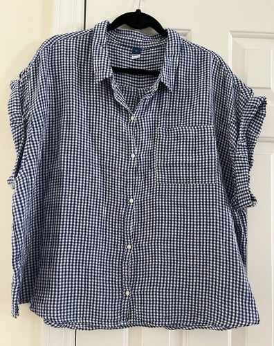 Old Navy Womens Gauze Blouse. Blue White Gingham Boxy Button Up, Size XL. EUC.