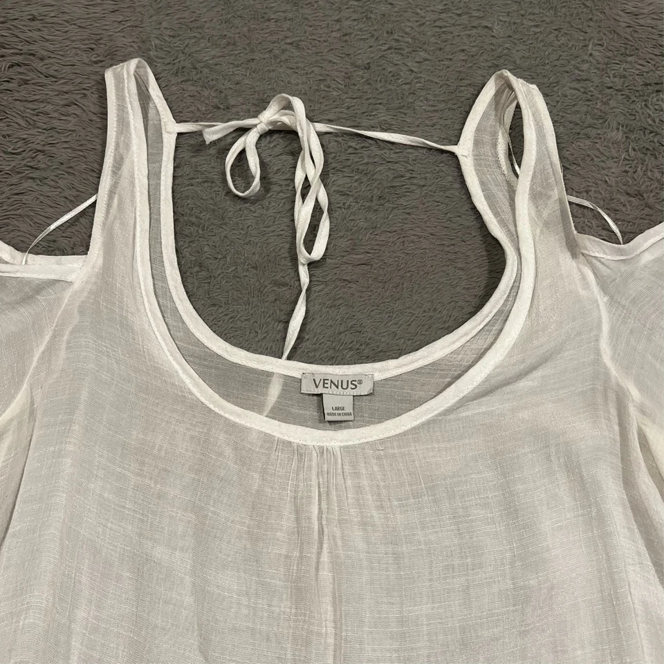 Venus Tunic Dress Sheer Women's L White Off Shoulder Lace Tie Back Boho Peasant - Image 2 of 4