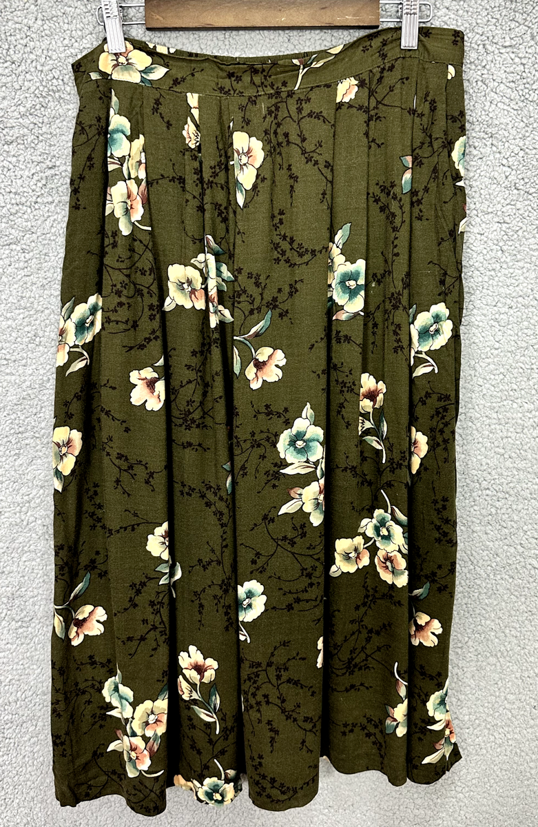 Vintage 80s TR Bentley Plus Size 18 Green Floral Maxi Skirt Boho