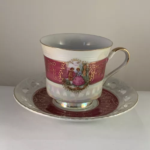 VTG Courting Couple Reticulated Teacup Saucer Gold Trim Iridescent JAPAN