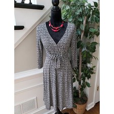 Black Label Wrap Dress Women's 6 Black White Geo Print Long Sleeve Waist Belted