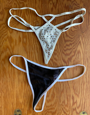 2 Pairs Thong / String Panties - NWOT White Sequin Black Size S - M