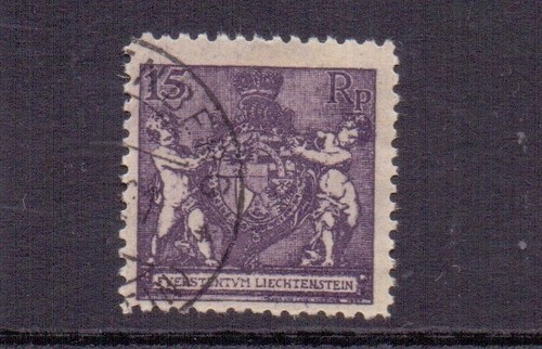 LIECHTENSTEIN 1921 15r VIOLA PROFONDA PERF 121/2 SG54A USATO CAT £90 - Foto 1 di 2