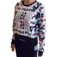 NWT FILA AUTHENTIC SELFIE WOMEN'S WHITE NAVY CREW NECK LONG SLEEVE SWEATSHIRT S
