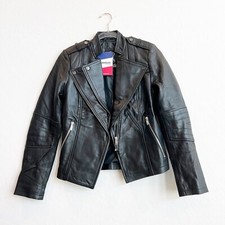 New Fjackets Women’s Monica 100% Leather Moto Jacket Black Zippers Xs