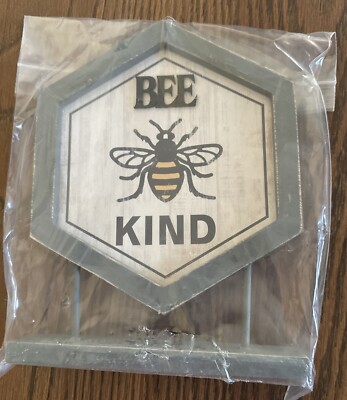BRAND NEW Bee Kind Wooden Sign Farmhouse Rustic Gray Honeycomb Shape ￼