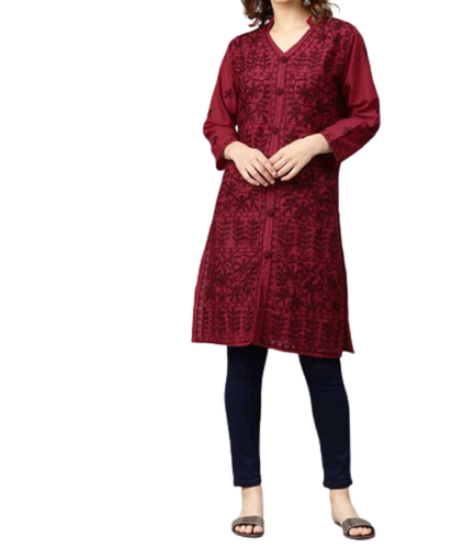 Women Indian Chikankari Cotton Kurti Front Button 3/4 Sleeve Party Tunic Dress - Picture 22 of 45