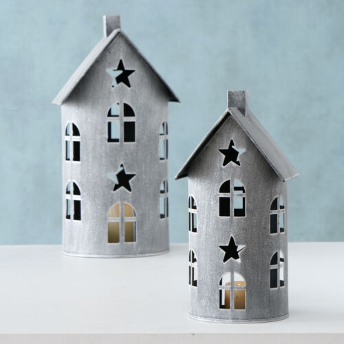 Metall Laterne 2er Set - 40/28 cm - Deko Windlicht Haus Kerzenhalter grau Außen - Bild 2 von 2