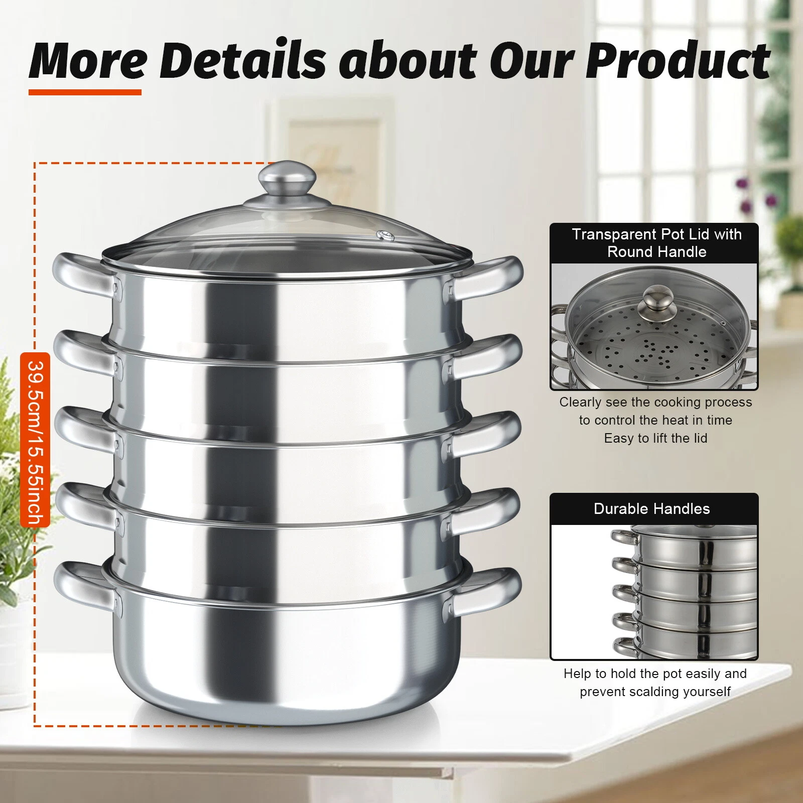 5 Layers Steamer Cooker Steam Pot Stainless Steel Food Cooking Pot+Glass Lid