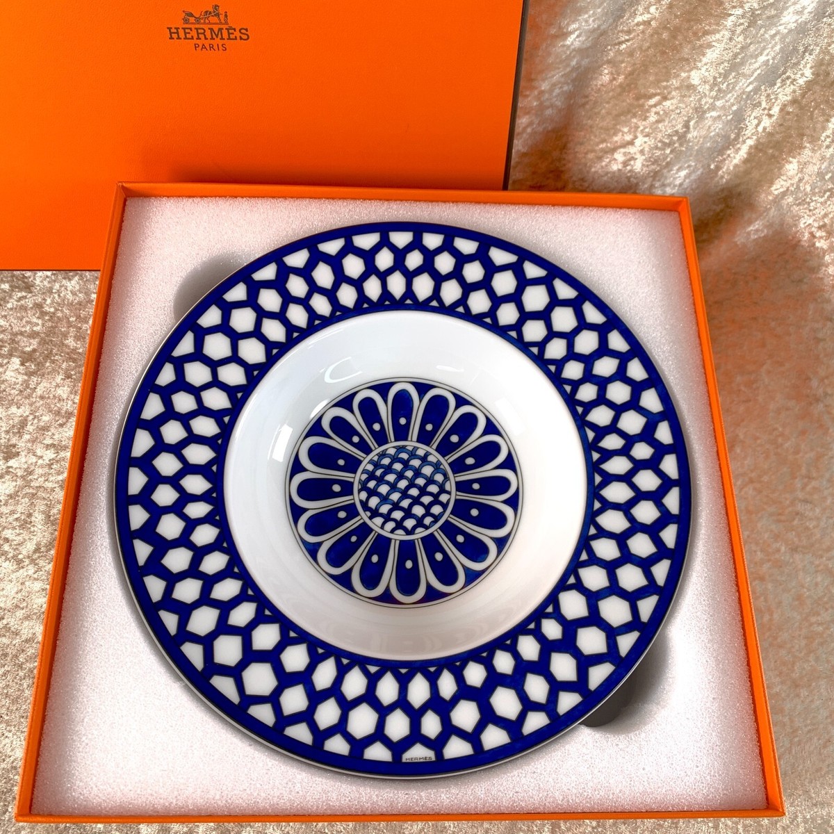 Hermes Paris Soup Plate Bleus d'Ailleurs Blue Porcelain 21cm Set