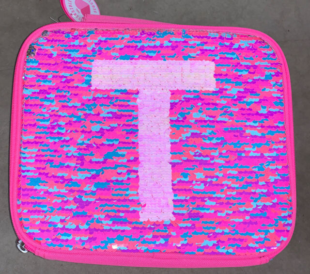 JUSTICE LUNCHBOX INITIAL “T” PINK/PURPLE SHIMMERING FLIP SEQUINS SUPER CUTE!!