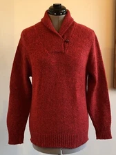 LL Bean Wool Shawl Neck Red Sweater Button Women’s Wool Blend USA Vintage