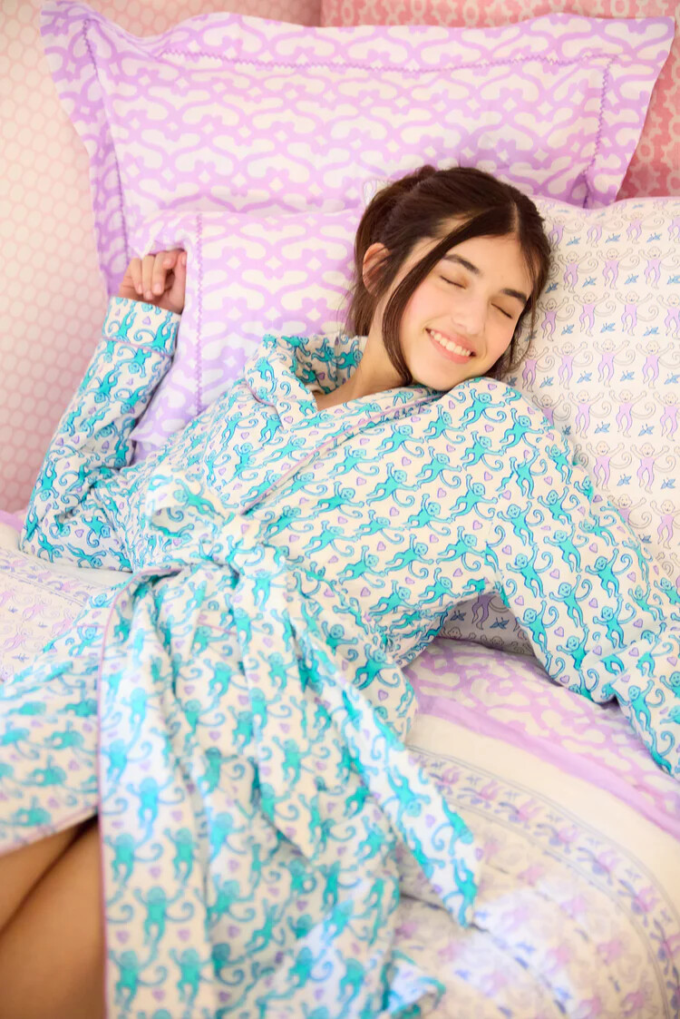 New Roller Rabbit Lovely Monkey Cosmo Robe Turquoise Cotton Terry