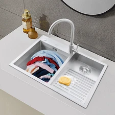 Drop-In Stainless Steel Double Bowl Kitchen Bar & Laundry Utility Sink Faucet US