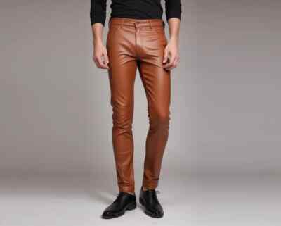 New Men's Brown Genuine Leather Slim Fit Pants Trousers