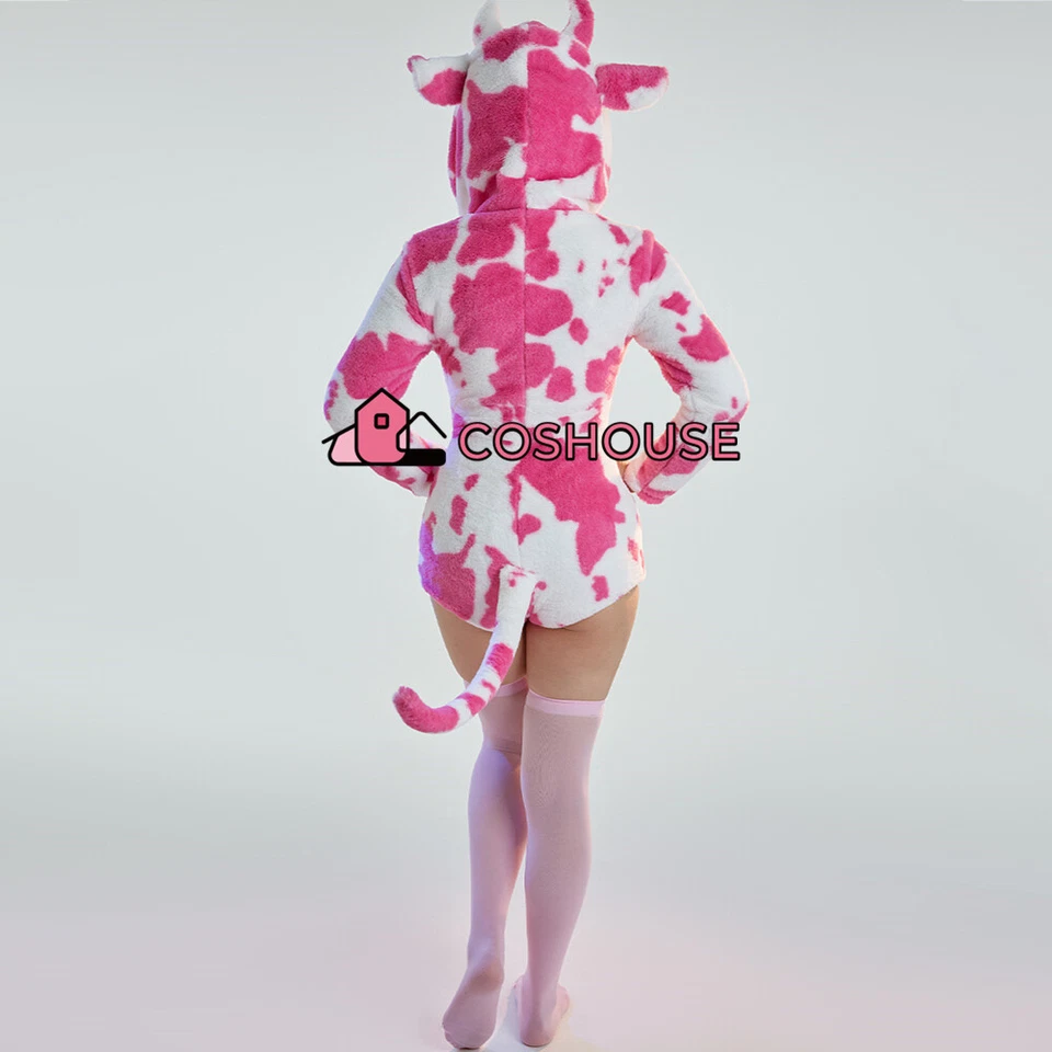 Mujer Una Pieza Pijama Sudadera con Capucha Rosa Vaca Mameluco Body Con Capucha Ropa para el Hogar con Calcetín Foto 4 de 4