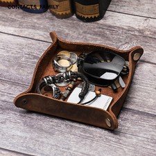 Vintage Crazy Horse Leather Tray Handmade Square Desk Organiser Storage Box