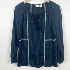 St Tropez West Shirt Womens Small Black 100% Linen V-Neck Tassel Top Embroidered