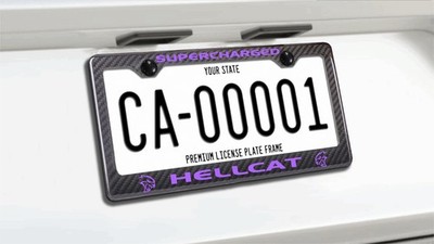 Carbon Fiber Plate Frame Dodge Hellcat Plum Crazy Purple Text in 2x2 Gloss Real