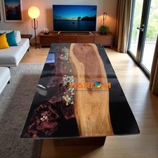 Artisanal Résine Époxy Dining Table avec Naturel Bois Et Intégrée Meuble